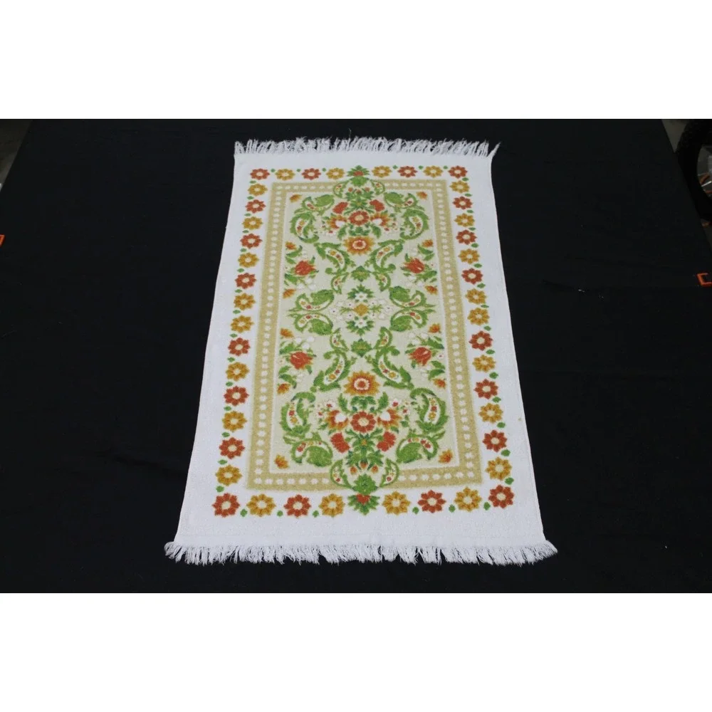 Vintage 1970s Floral Bathroom Hand Towel Fringed Retro Orange Green USA Made